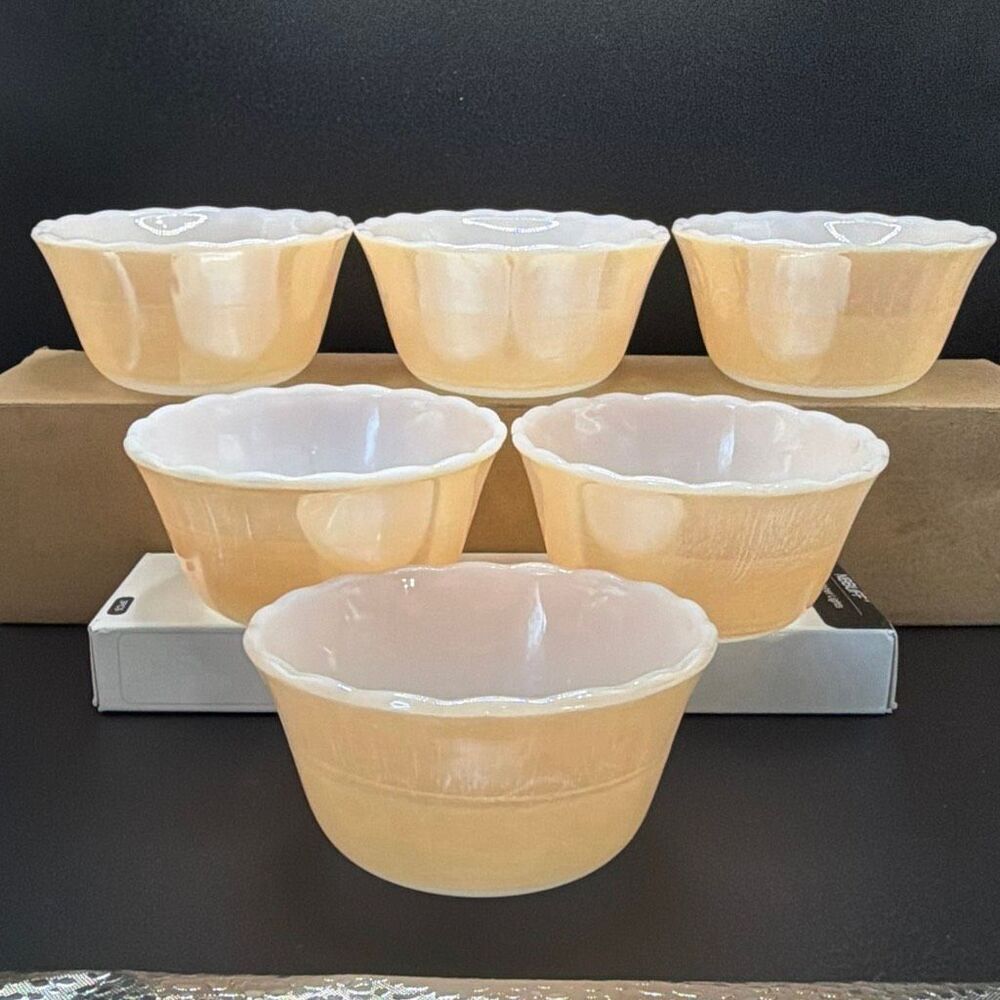 Vintage Fire-King Peach Lustre Custard Bowls – Set of 6 – Anchor Hocking Scallop